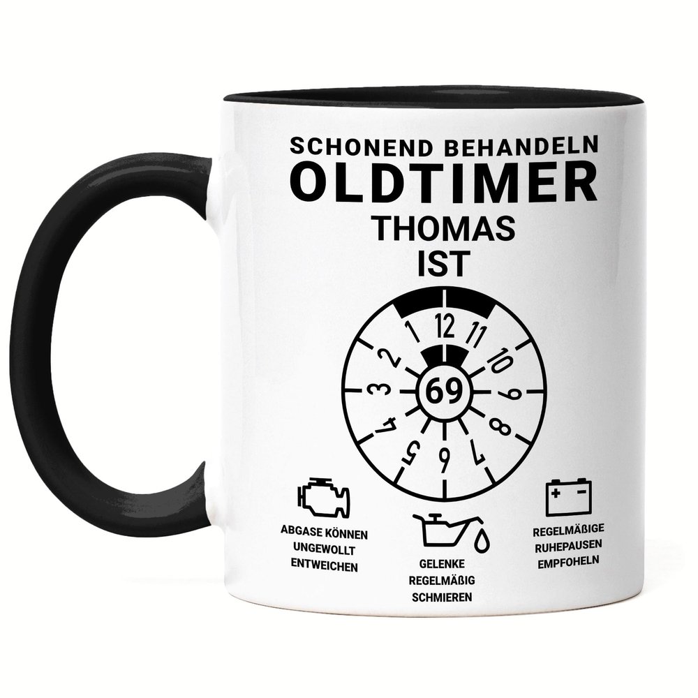 Kiddle-Design Personalized 69th Birthday Mug, “Handle with Care—Vintage Car Is 69,” Funny Gift, Black