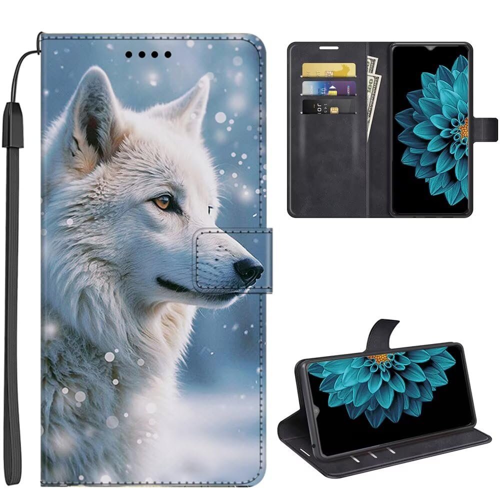 SEHEYA Case for Xiaomi 14T Pro 5G, Flip Wallet Case with Pattern, 3 Card Slots, PU Leather, White Wolf