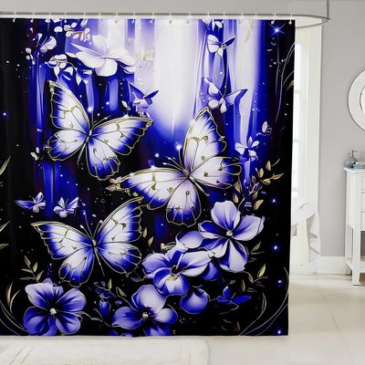 Loussiesd Kids' Butterfly Shower Curtain, Floral Pattern, Blue/Purple, 180 x 210 cm