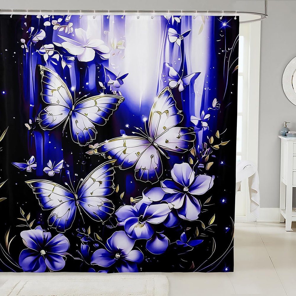 Loussiesd Kids' Butterfly Shower Curtain, Floral Pattern, Blue/Purple, 180 x 210 cm