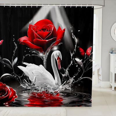 Loussiesd 3D Rose Shower Curtain, 180 x 180 cm, White Swan Floral Print