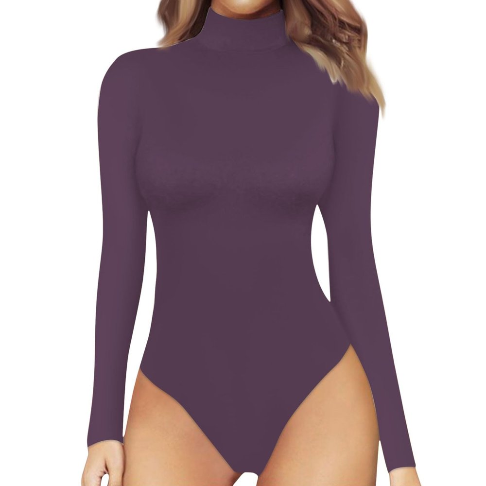 Women's Metallic Long-Sleeve Leotard Bodysuit, Purple, XXL