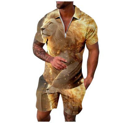 Men's 3D Lion & Tiger Print Two-Piece Outfit with Zipper Shirt and Shorts