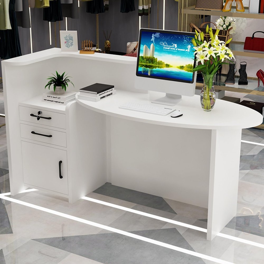 YQMHEZ Reception Desk with 2 Lockable Drawers and Open Shelf, White, 140 cm