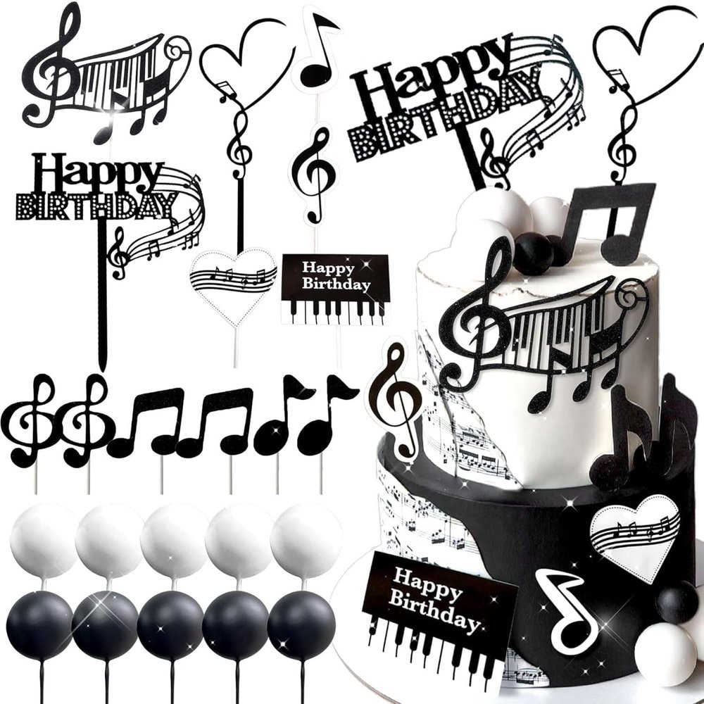 Music Note Disco Cupcake Toppers, Rock Guitar Happy Birthday Cake Decorations