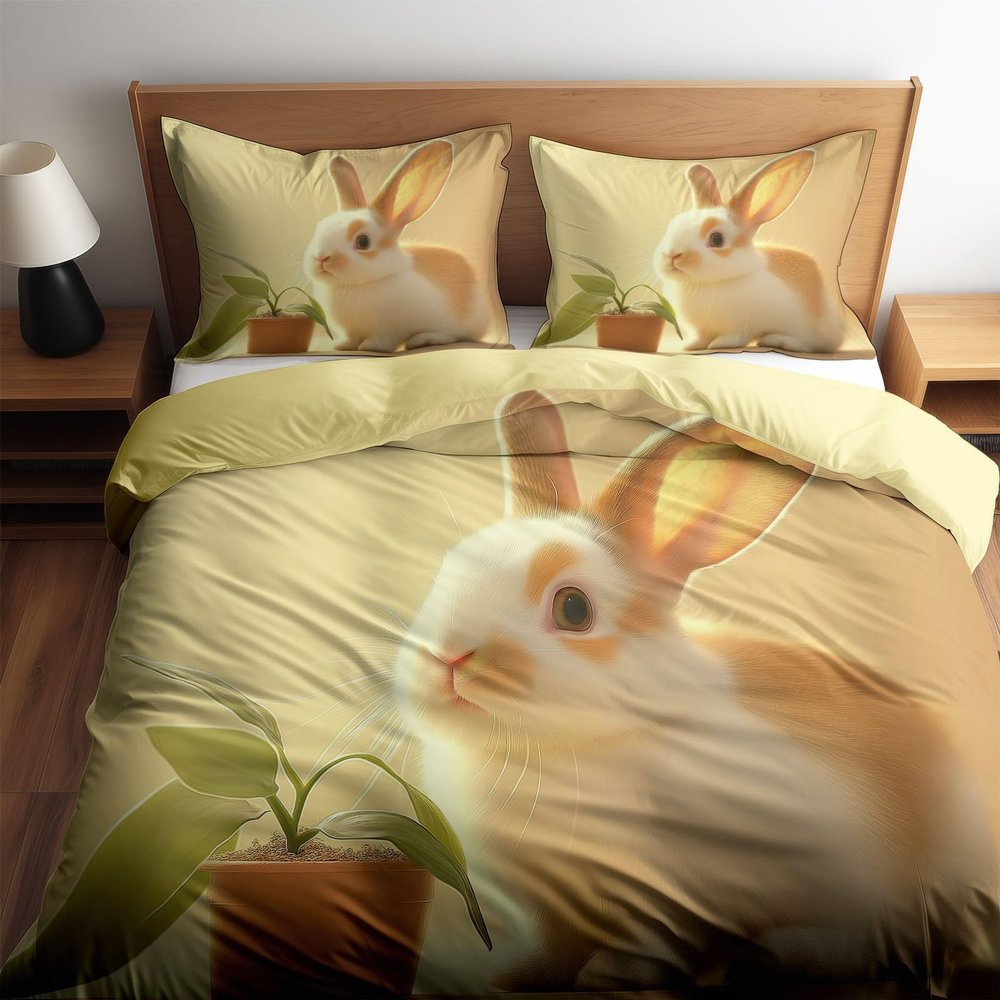 CozyRest Reversible Duvet Cover Set 135 x 200 cm, Beige Rabbit and Plants, with Zipper and 80 x 80 cm Pillowcases