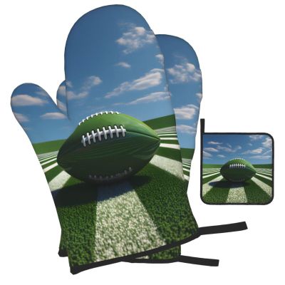 Mexpekil 3-Piece Oven Mitts and Pot Holder Set, Green American Football Print