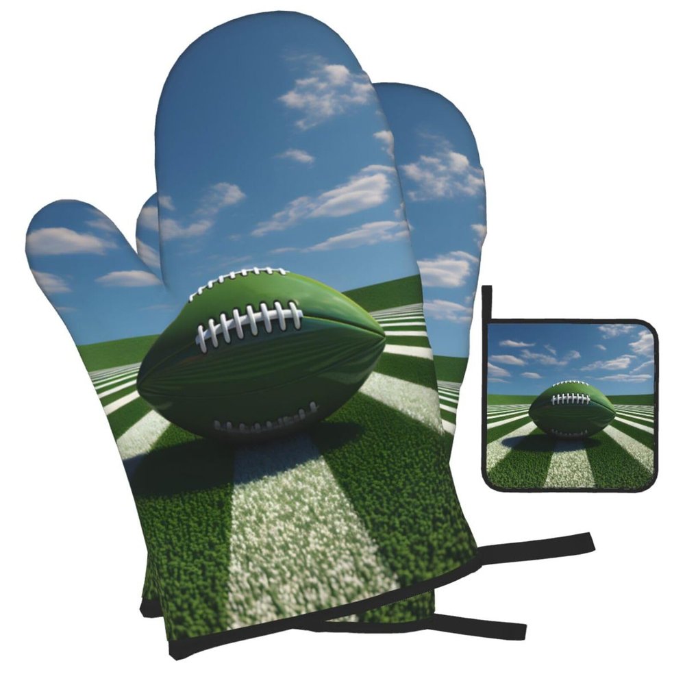 Mexpekil 3-Piece Oven Mitts and Pot Holder Set, Green American Football Print