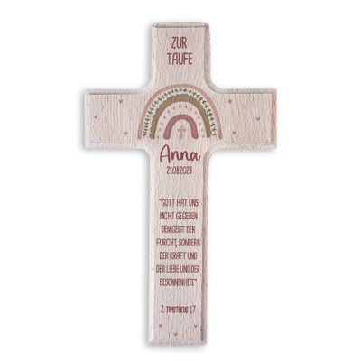 hellomini Personalized Baptism Cross with 3D Name & Baptism Verse, Handmade Beech Wood Cross, Rainbow Pink