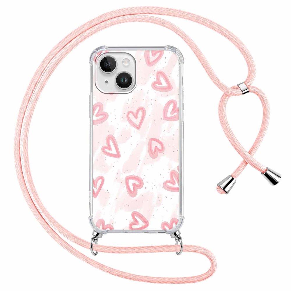Phoona Phone Lanyard Case for iPhone 14/13, 6.1-inch, Transparent Pink Heart01