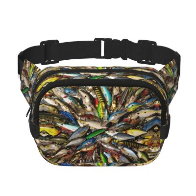 Square Double-Layer Waist Bag with Fish Lure Print, Black, One Size