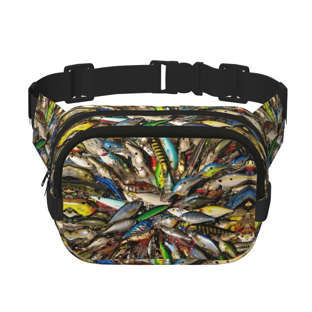 Square Double-Layer Waist Bag with Fish Lure Print, Black, One Size
