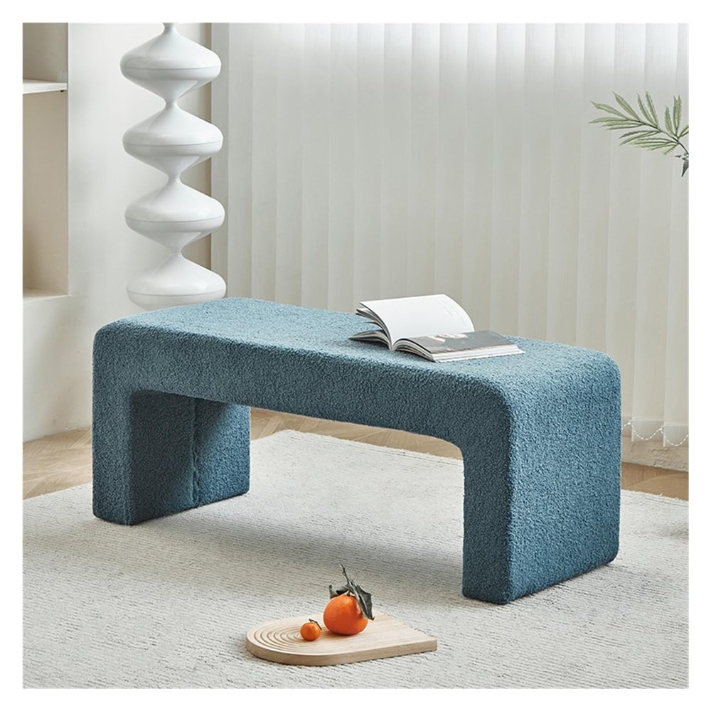 Upholstered Bouclé Entryway Bench, End-of-Bed Bench, Blue, 80 × 40 × 45 cm