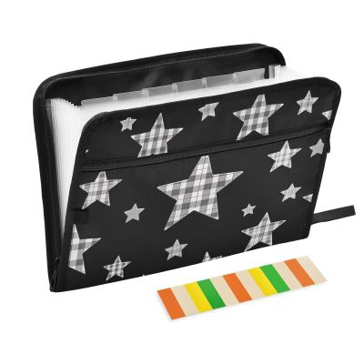 A4 Accordion File Organizer with Zipper, 13 Pockets, Plaid Star Design, Black