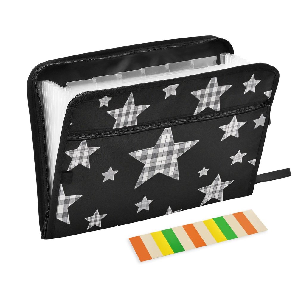 A4 Accordion File Organizer with Zipper, 13 Pockets, Plaid Star Design, Black
