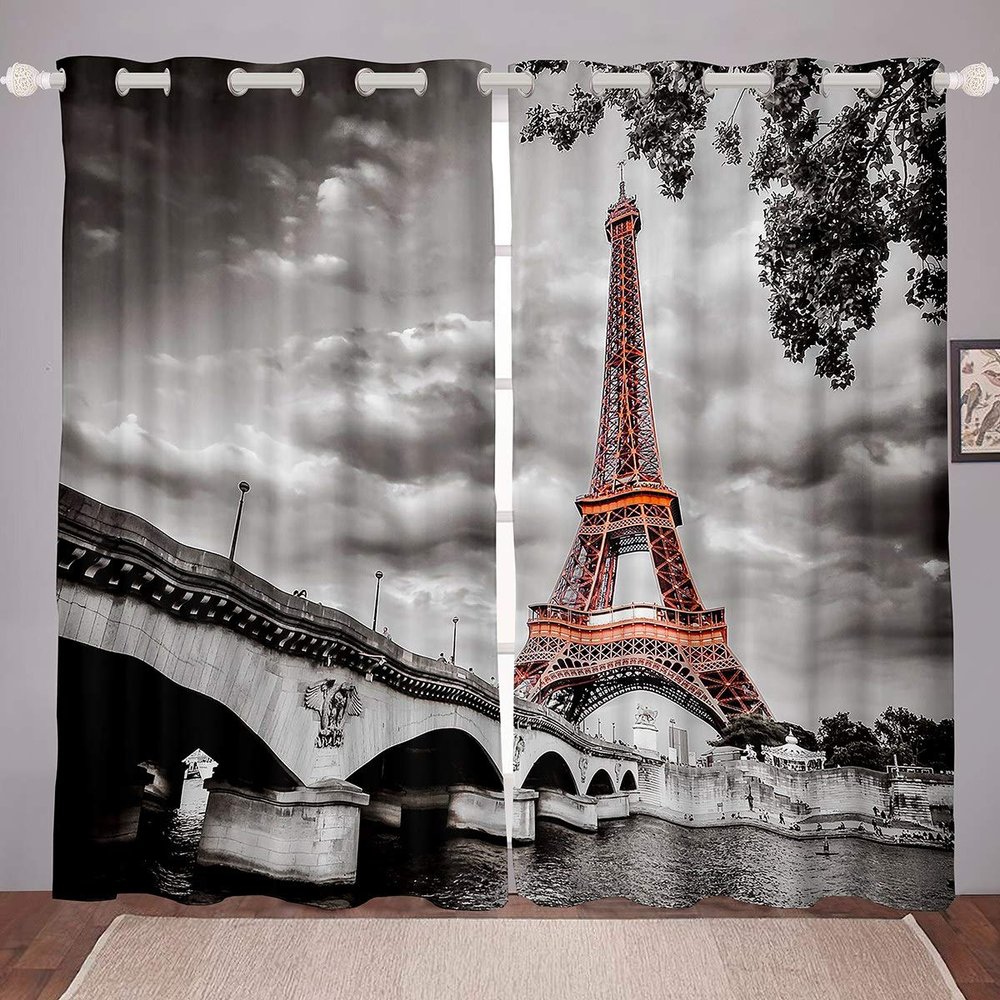 Steampunk-Style Curtains with Industrial Gear Room Clock Design