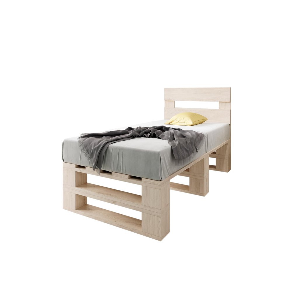 Lermowood M2 Wooden Pallet Bed, 120 x 200 cm, Natural, with Headboard