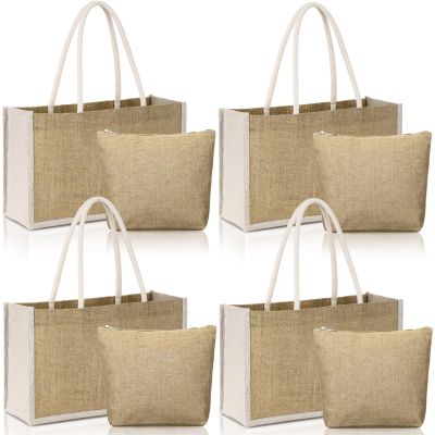 Sweetude Jute Tote Bags with Makeup Pouches, Reusable, for DIY Crafts, Blank, Wedding and Bridesmaid Use, 4-Pack, Brown