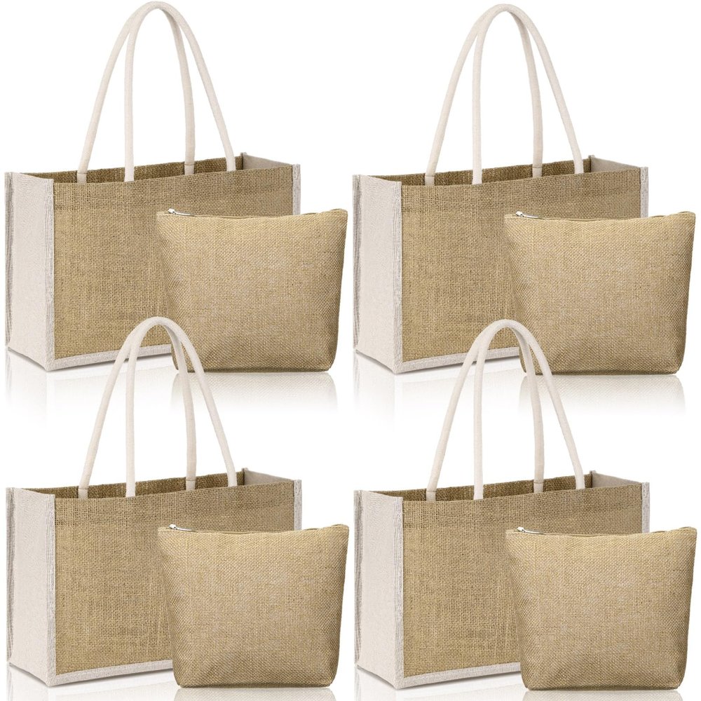 Sweetude Jute Tote Bags with Makeup Pouches, Reusable, for DIY Crafts, Blank, Wedding and Bridesmaid Use, 4-Pack, Brown