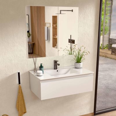 BELLOBATH 60 cm Wall-Mounted Bathroom Vanity, White, Vanity Top + Mirror