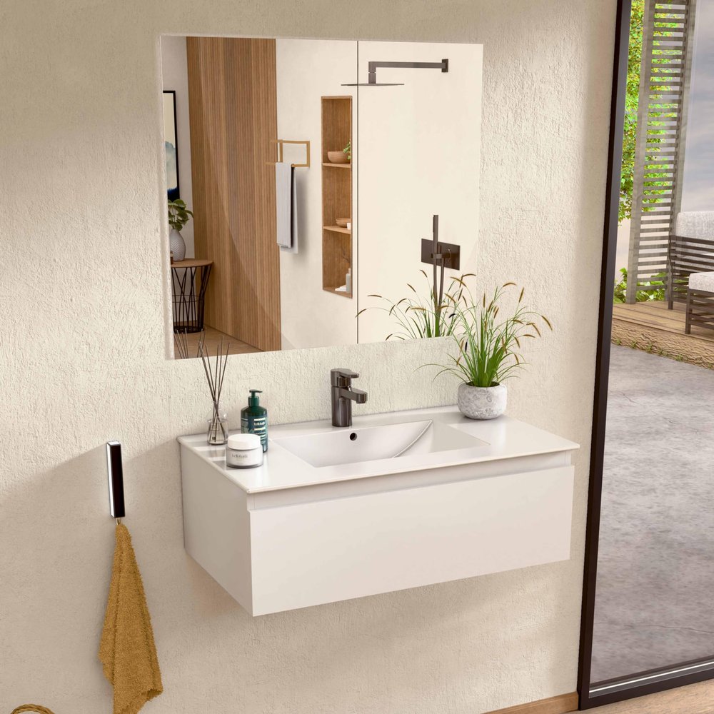 BELLOBATH 60 cm Wall-Mounted Bathroom Vanity, White, Vanity Top + Mirror
