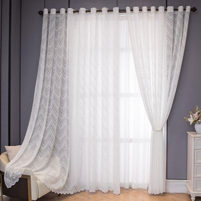 Wycian Voile Kitchen Curtains, White, Wavy Stripe Pattern, 2-Pack, H160 x W86 cm Each