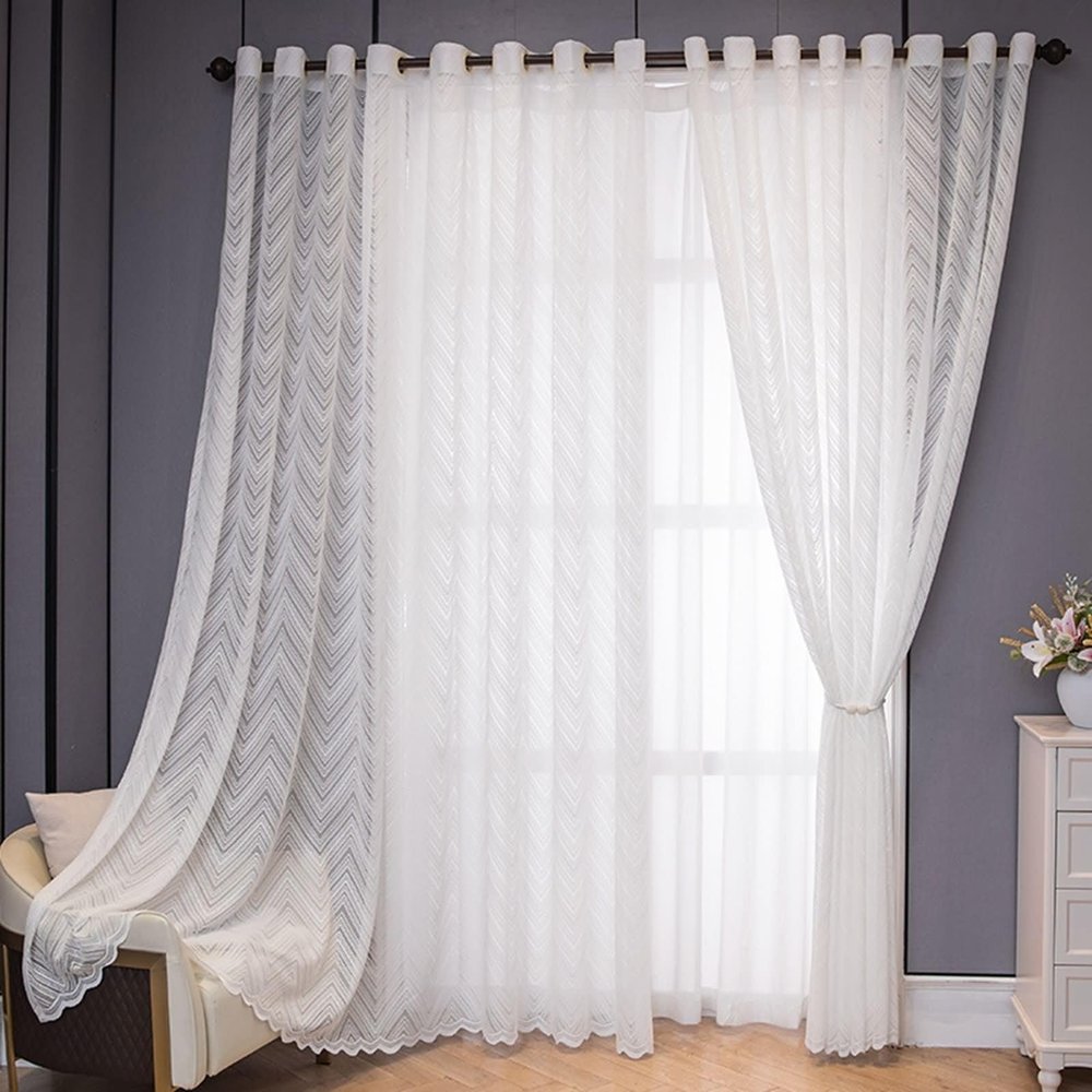 Wycian Voile Kitchen Curtains, White, Wavy Stripe Pattern, 2-Pack, H160 x W86 cm Each