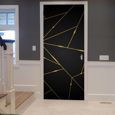 Self-Adhesive Door Wallpaper, Geometric Black and Gold 3D Design, Removable, 80 x 200 cm