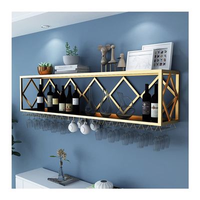 Wall-Mounted Wine Rack with Floating Shelves and Inverted Glass Rack, Gold, 150 × 25 × 40 cm