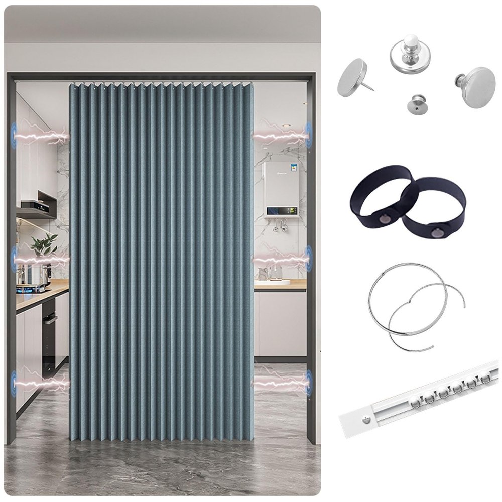 No-Drill Blackout Door Curtain with Glide Rails, Magnetic Blue, 80 x 220 cm
