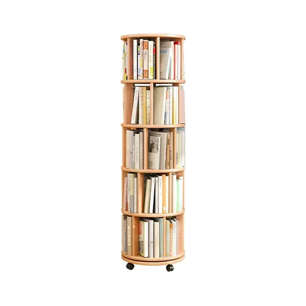 Small 360° Rotating Rubberwood Bookcase with Wheels