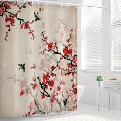 NXMYDBD Red Plum Blossom Shower Curtain, Chinese Ink Painting Style, Polyester, Machine Washable, 85 x 183 cm (W x H)