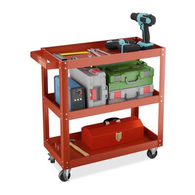 Relaxdays Workshop Cart, Tool Cart with 3 Shelves, Red