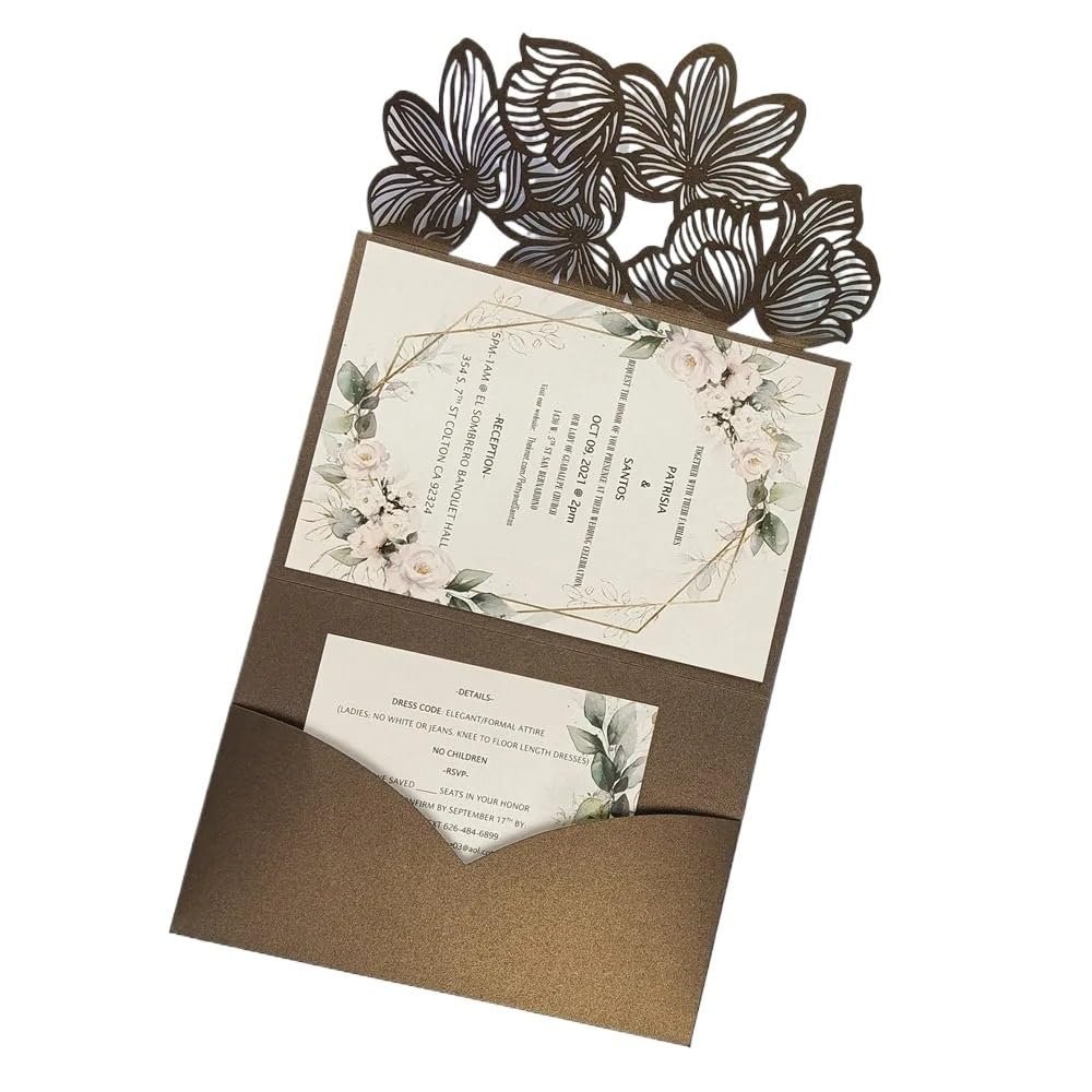 JTKSSCS 50 Laser-Cut Tri-Fold Wedding Invitations with Green and Blue Leaves, Personalized Leaf Pocket, Invitation Envelope (Brown, Cover and Envelope)