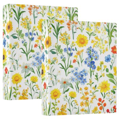 KLL 1.5-Inch 3-Ring Binder with Pockets, 1/2-Pack, 200-Sheet Capacity, Aesthetic Summer Flowers—Daffodil, Larkspur, White