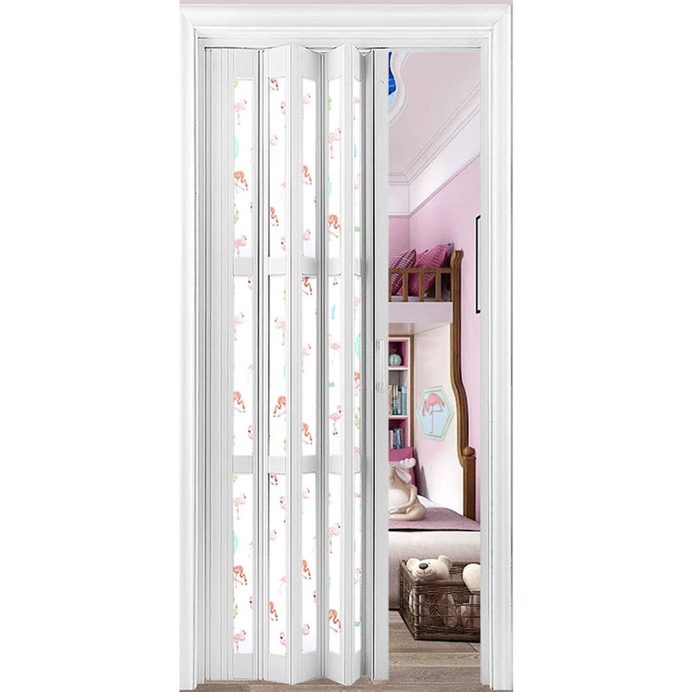Retractable Flamingo-Pattern PVC Acrylic Accordion Door, Magnetic Closure, 104 x 203 cm