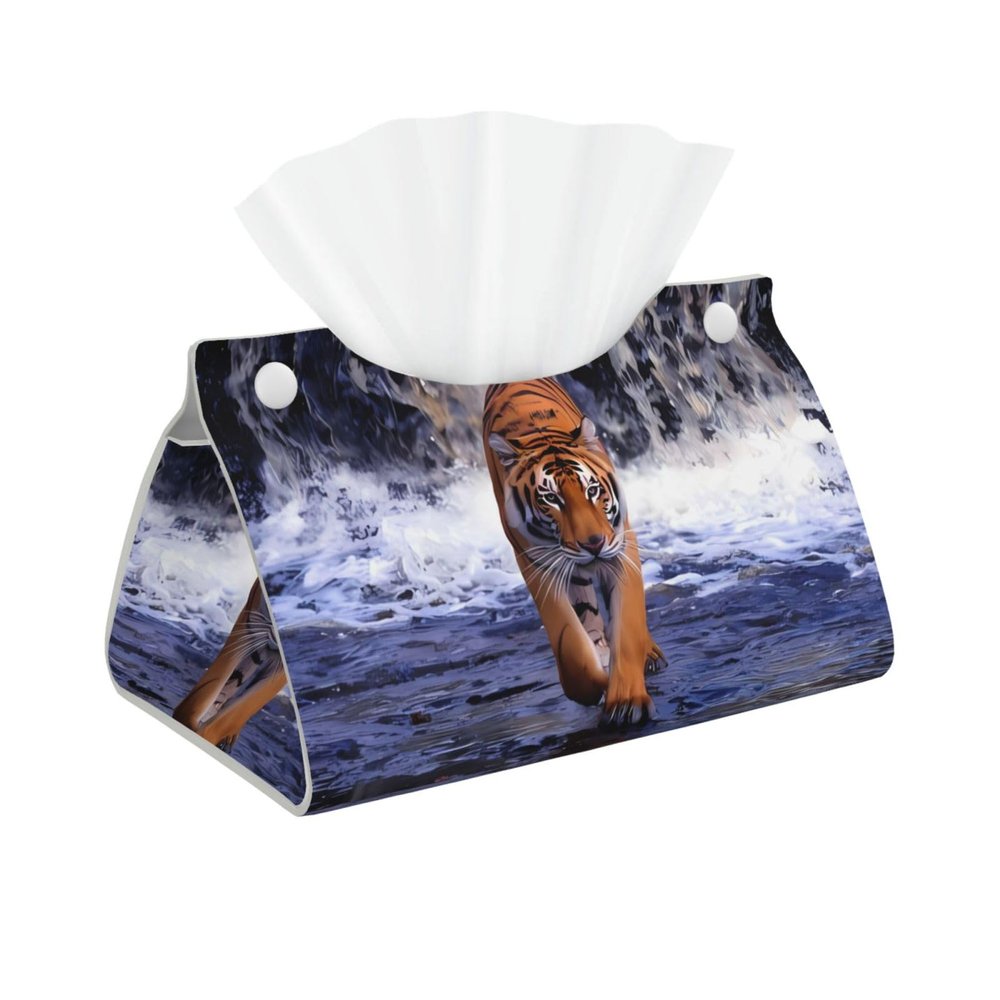 Long Rectangular Leather Tissue Box Cover for Bathroom, Vanity, Countertop, Table, River Tiger
