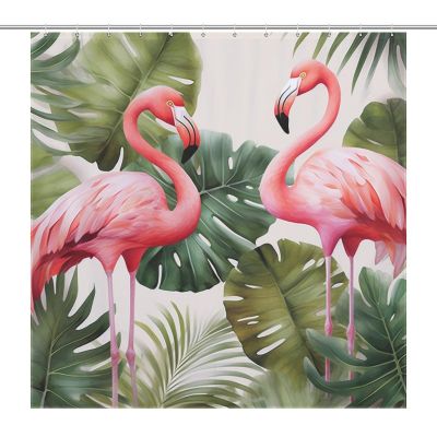 Flamingo Palm Leaf Shower Curtain Set, Waterproof, 183 x 183 cm