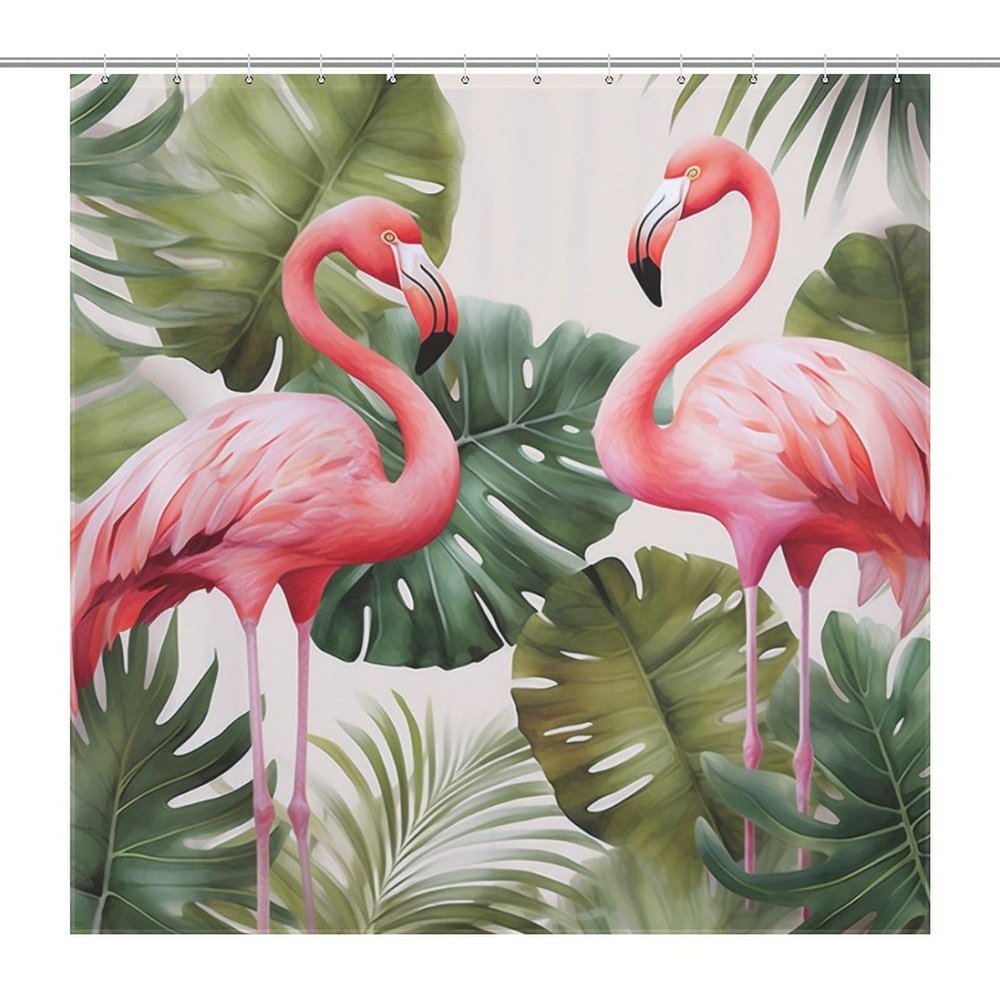 Flamingo Palm Leaf Shower Curtain Set, Waterproof, 183 x 183 cm