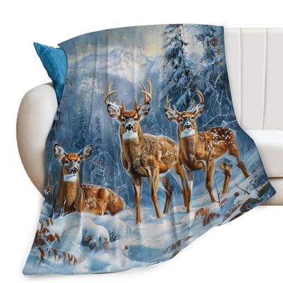 Deer, Snow and Forest Print Throw Blanket – Soft Fleece