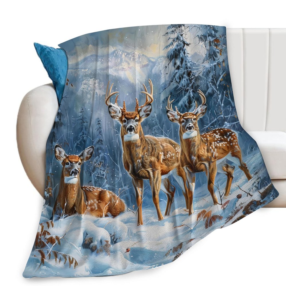Deer, Snow and Forest Print Throw Blanket – Soft Fleece