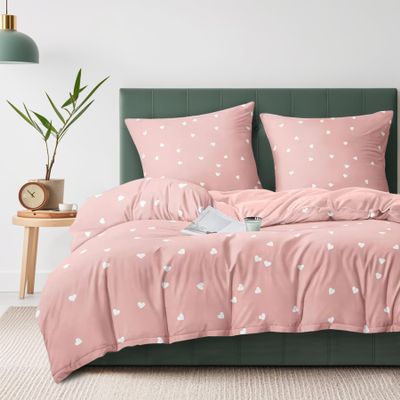 Gezu Pink and White Bedding Set with Red Hearts, 135 x 200 cm