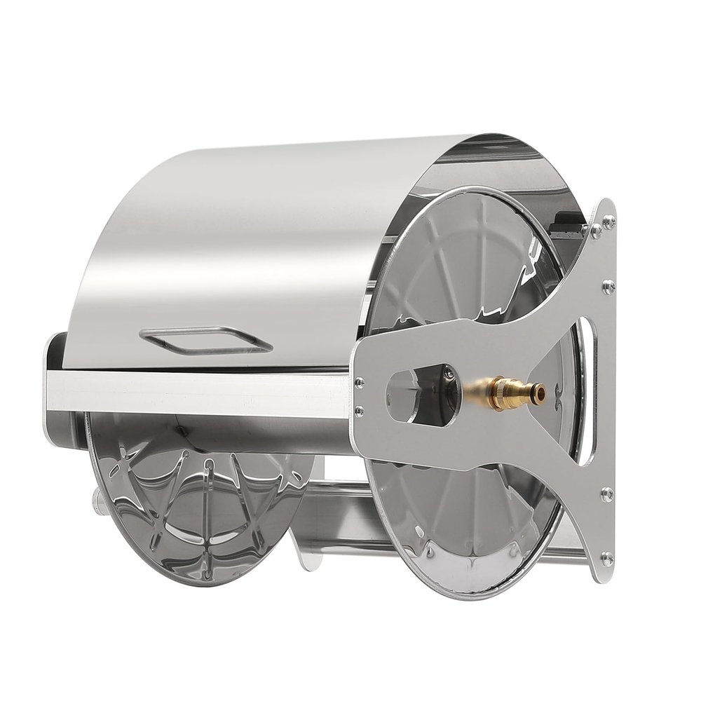 THYXGS Stainless Steel Garden Hose Reel, Wall-Mountable and Portable, Holds Up to 229 ft of 1/2-Inch Hose