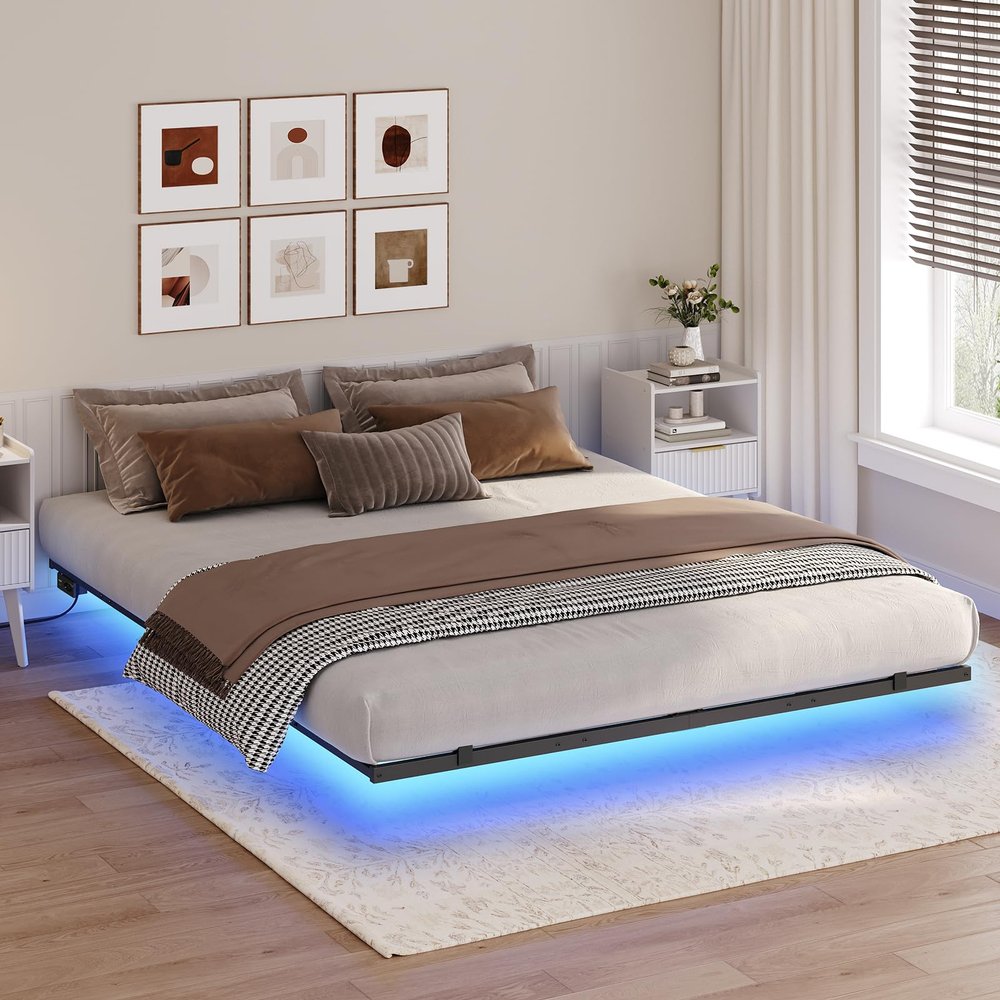 MAHANCRIS 160 x 200 cm Bed Frame with LED Lights and Charging Station, Floating Design, Black and Wood Color