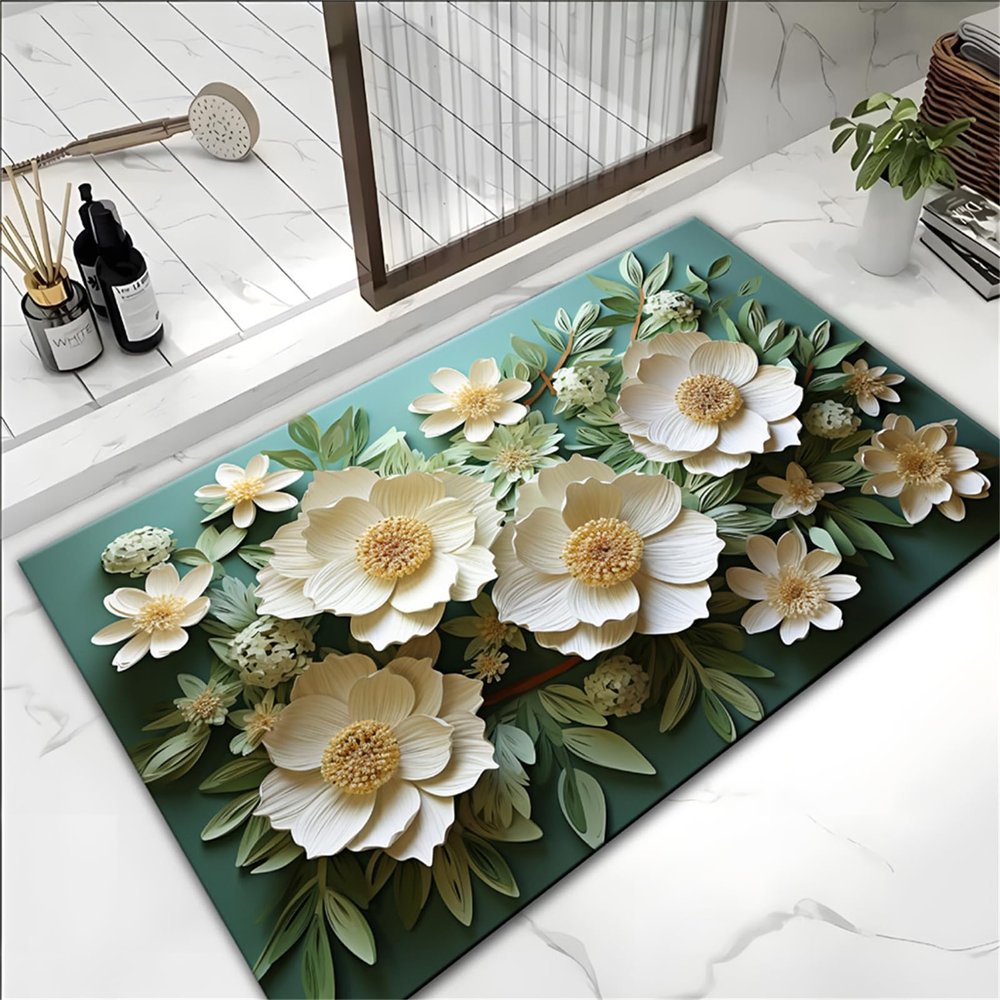 Odot Bath Mat, Non-Slip Rubber Backing, Super Absorbent, Quick-Drying, Floral Landscape Leaves, 50 x 80 cm