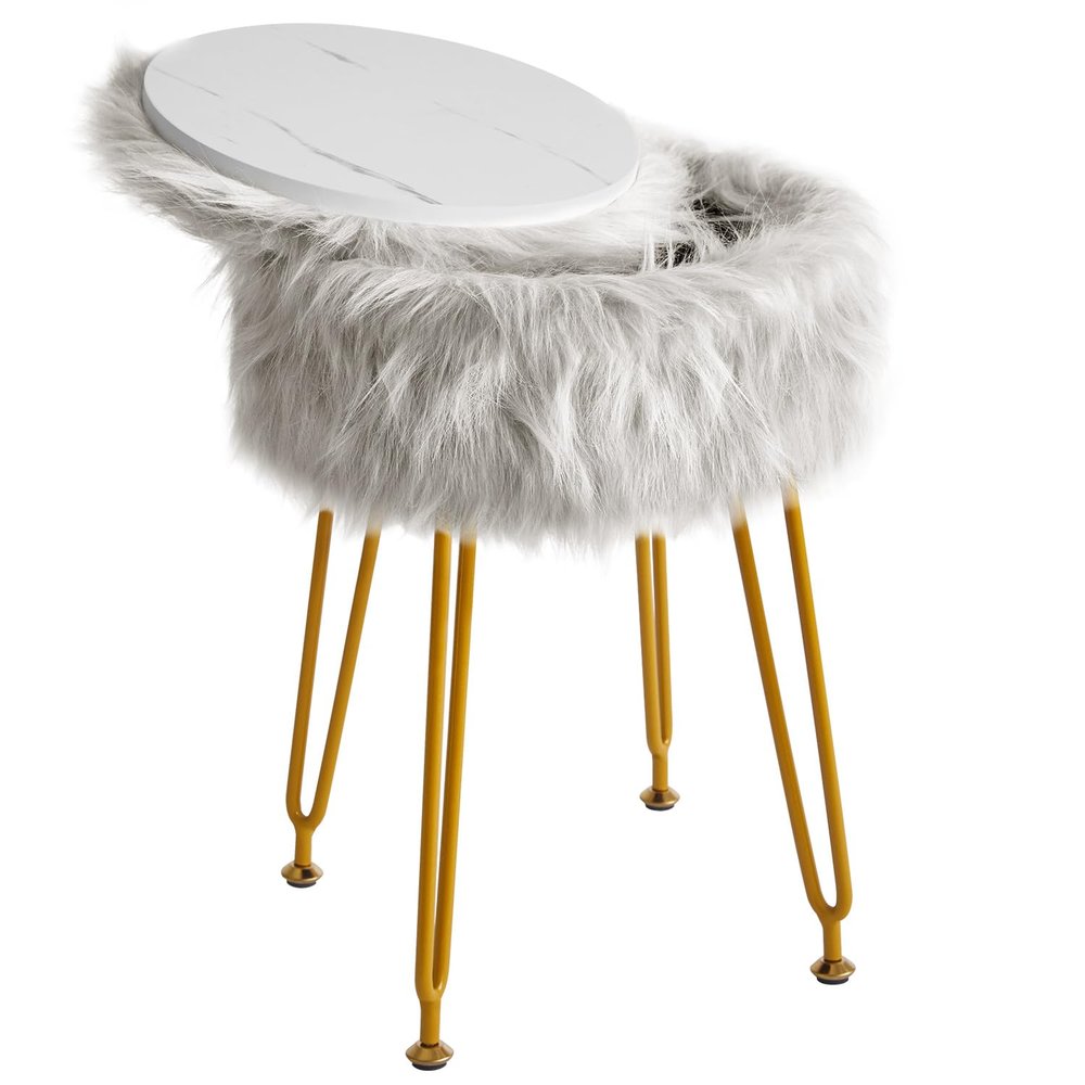 IBUYKE Faux Fur Vanity Stool with Storage, Gray WBD021G