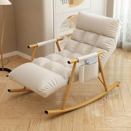Ergonomic Rocking Chair with Cushion for Modern Comfort in the Living Room and Garden (White with Gold Legs)