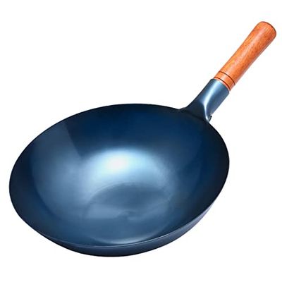 UQACHG Hand-Hammered Iron Wok with Round Bottom and Wooden Handle, 36 cm
