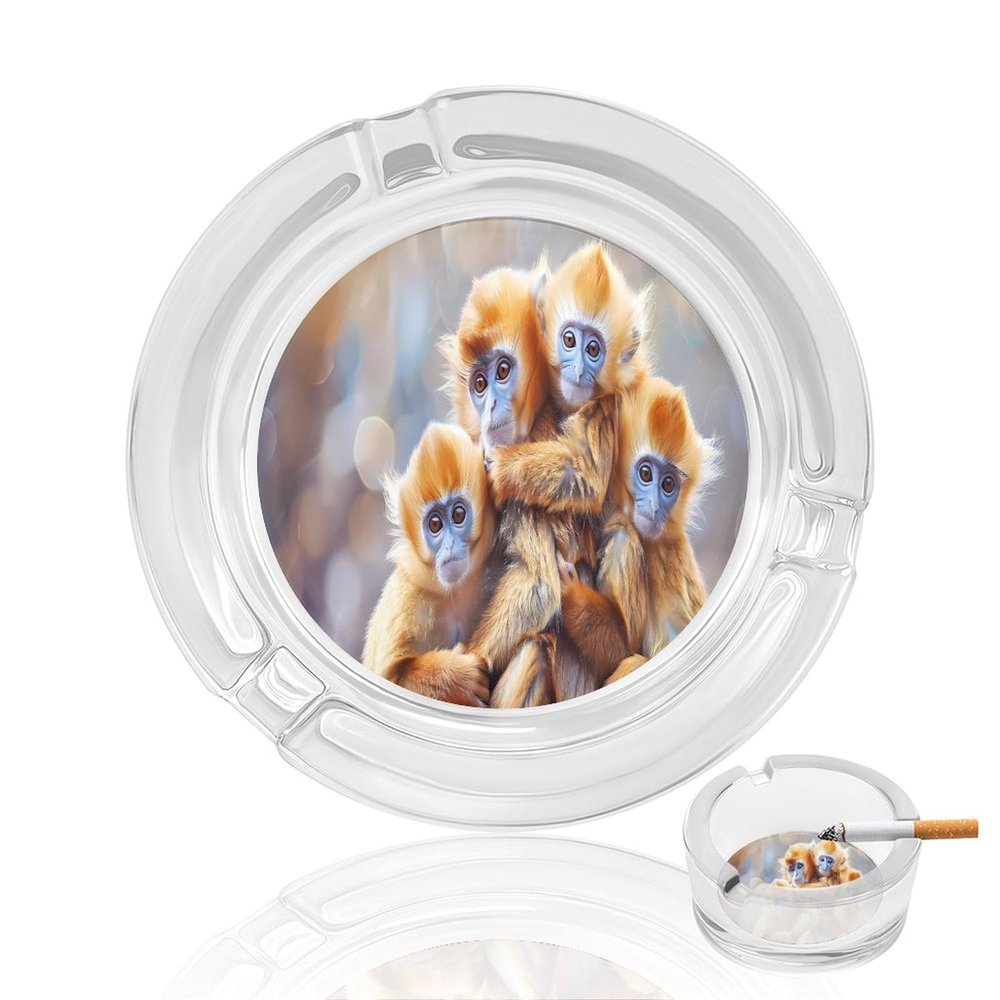 Golden Monkeys Round Glass Ashtray with 3 Slots