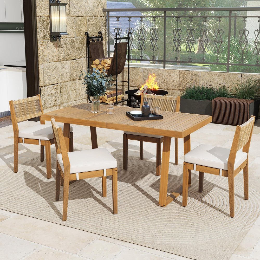 MOBETTRES 5-Piece Outdoor Dining Set for 4, PE Rattan Backrests, Acacia Wood Tabletop and Chairs, for Backyard Dining Groups (Wood + White)